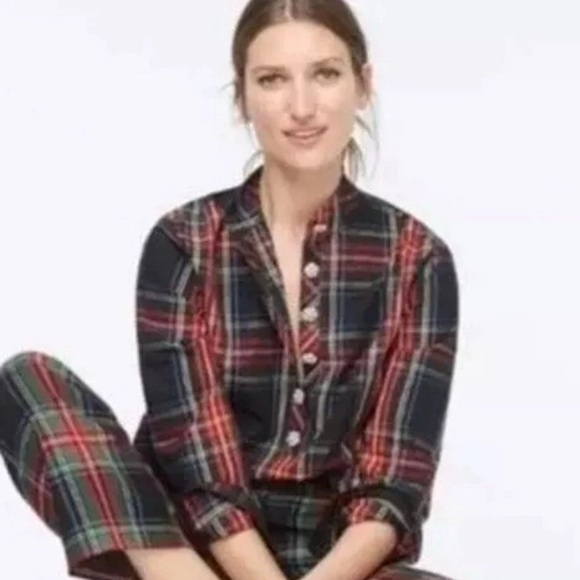 J. Crew Tops - J. CREW Jeweled Button Popover Top Stewart Tartan Plaid Long Sleeve Stretch M